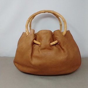 FOSSIL BRITISH TAN LEATHER SATCHEL BAMBOO HANDLES